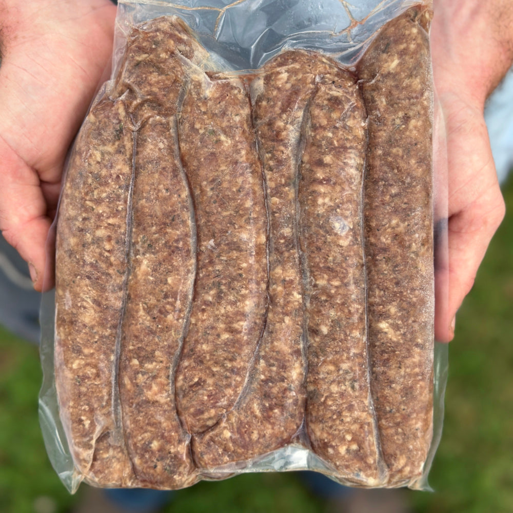 A packet of Beef, Garlic and Herb Sausages