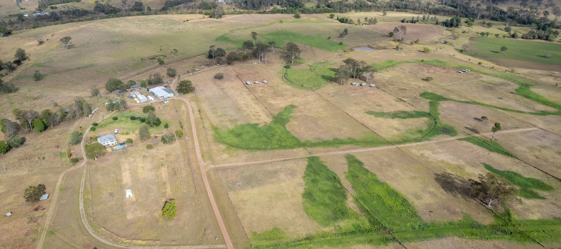 Overhead shot of Forage Farms after charging our contours with water following Natural Sequence Farming practices